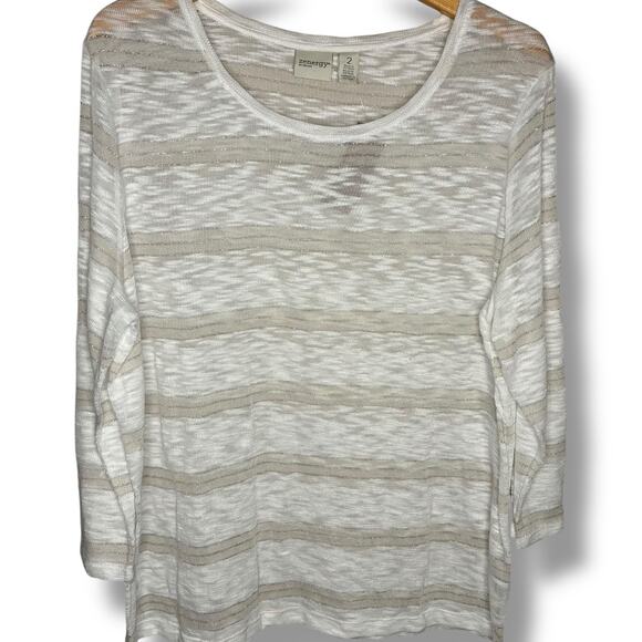 Chicos Zenergy Top NWT Size 2 (L) White Truffle Blaine Stripe Burnout 3/4 Sleeve - Picture 2 of 7